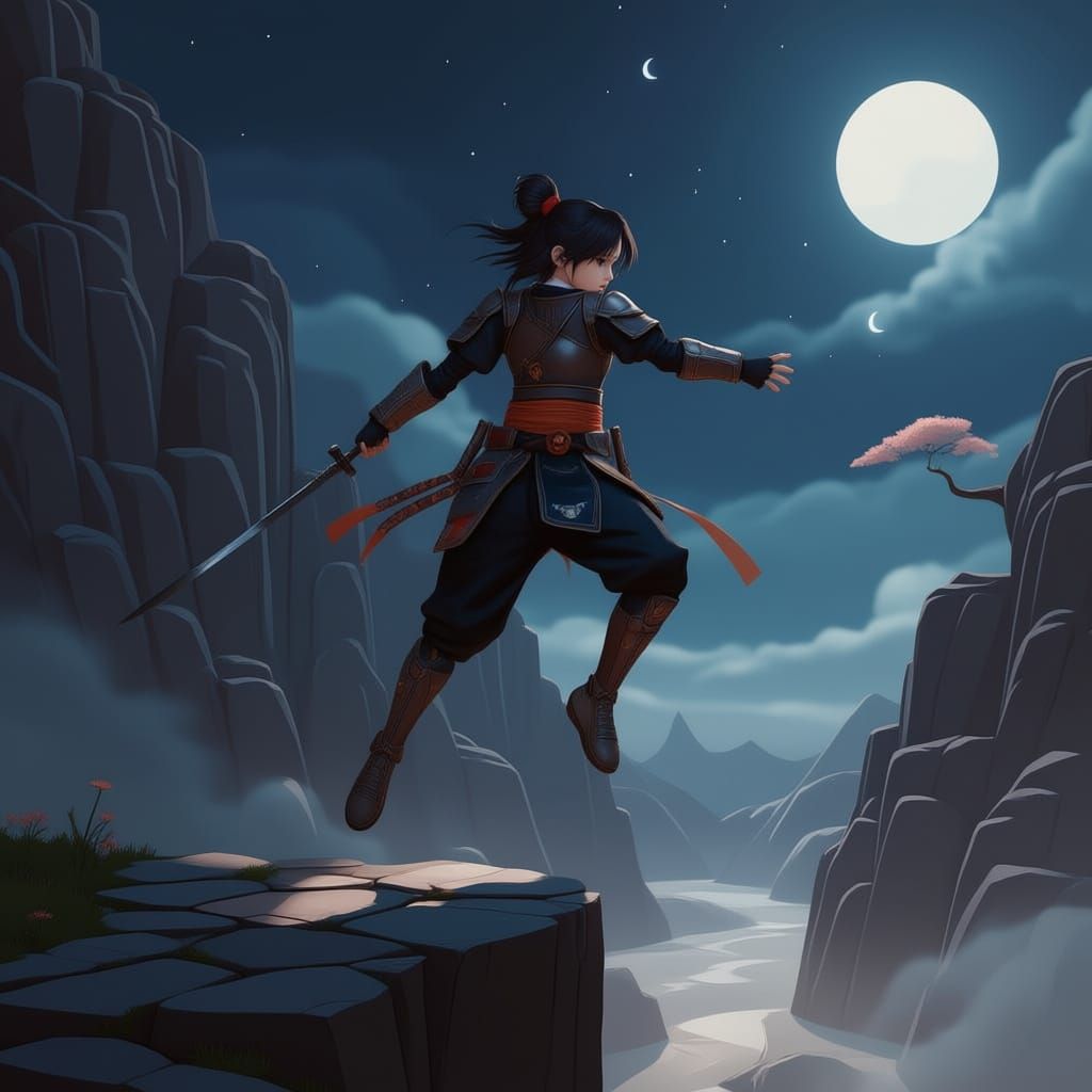 Samurai on Alien Planet with Twin Nebulae Sky