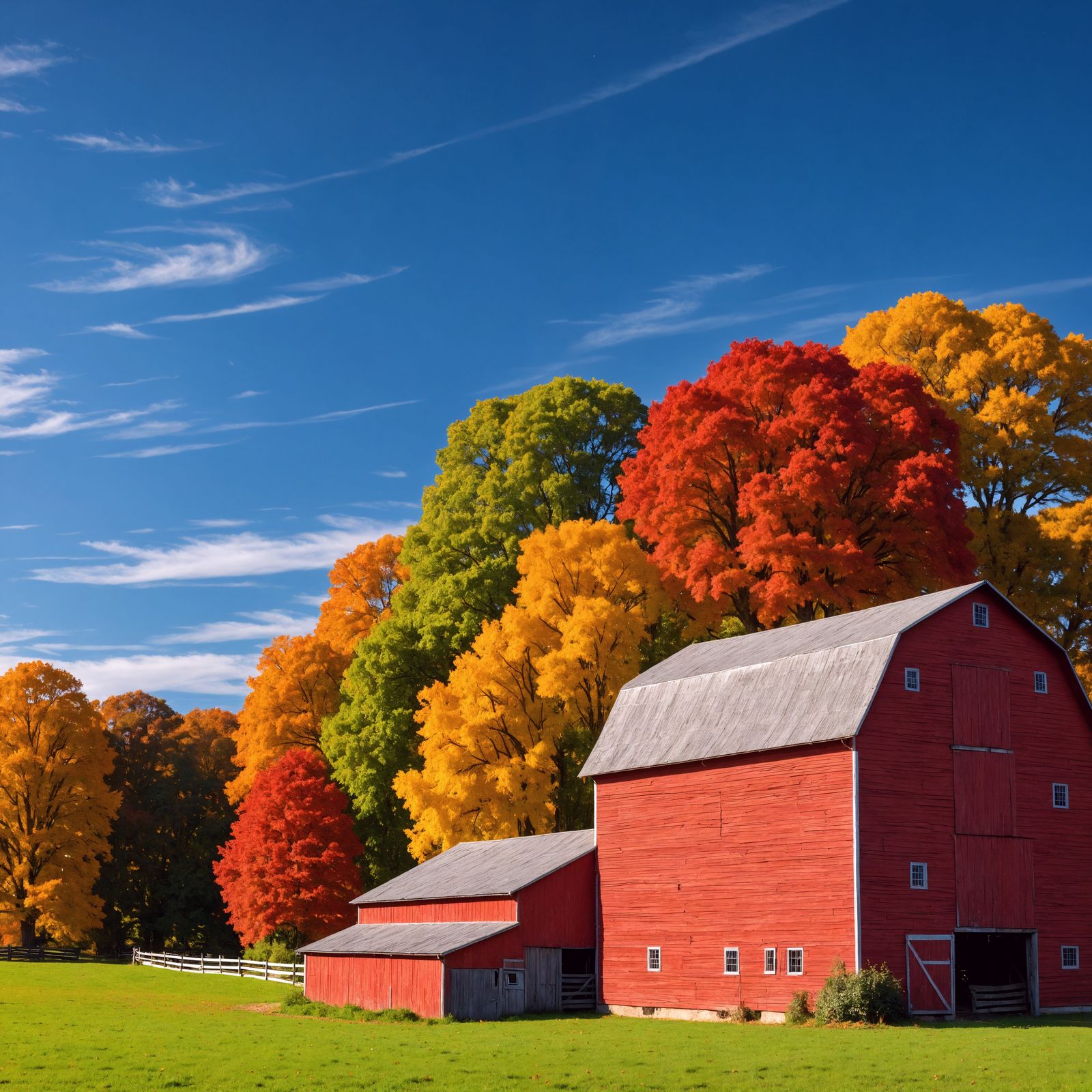 Autumn Farm: Hyperrealistic Red Barn in HDR