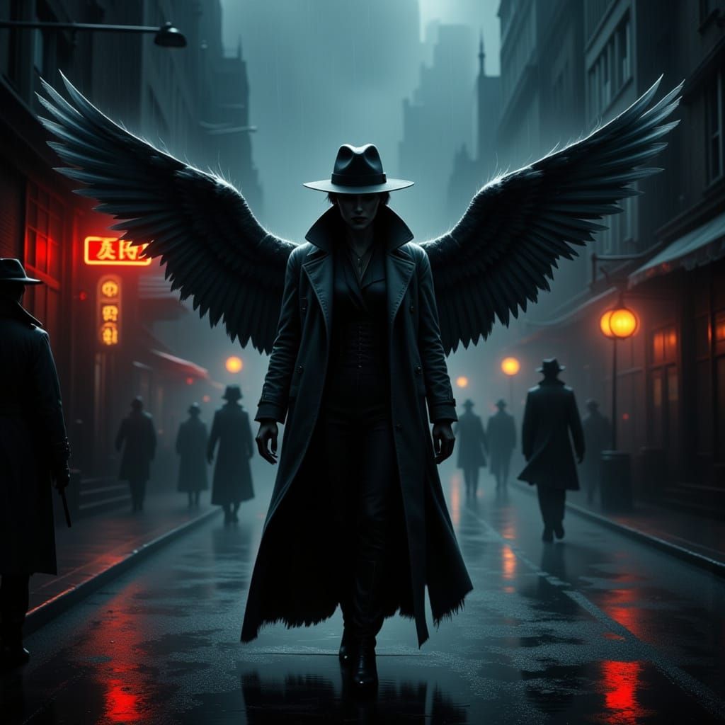 Winged Angel in Noir Cityscape