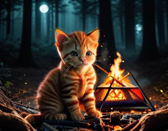 Hyperrealistic Ginger Kitten Campfire in Forest