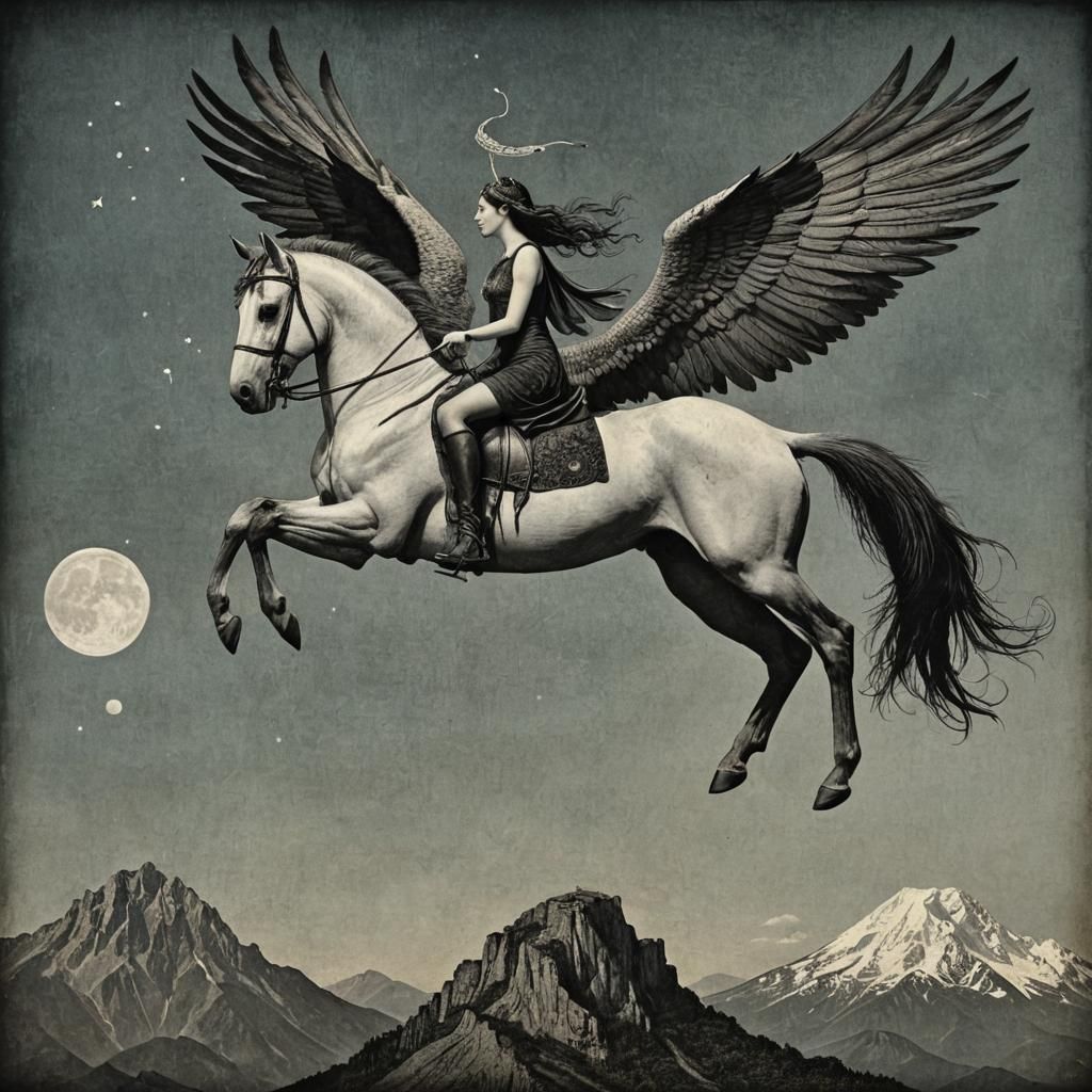 Pegasus Ascends Mount Olympus in Scratchboard Style