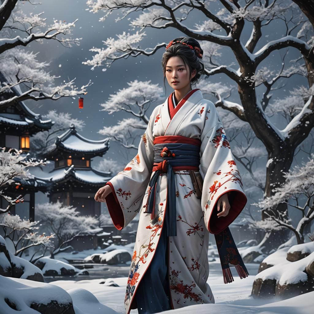 Woman in Snow Kimono: Detailed Matte Painting