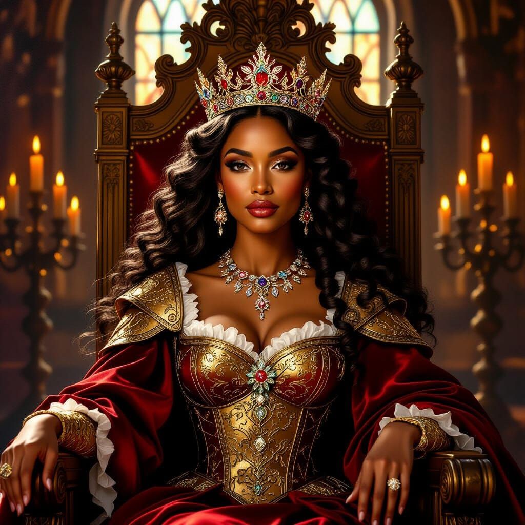 Regal Queen on Ornate Throne in Candlelit Room