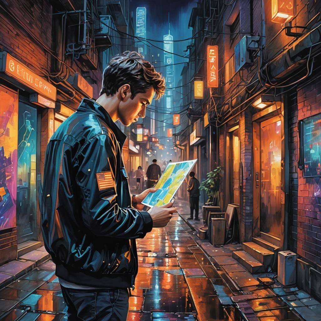 Man Examines Map in Futuristic City Illustration