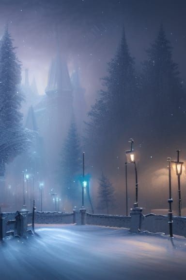 Snowy Winter Night Town in Detailed Matte Painting
