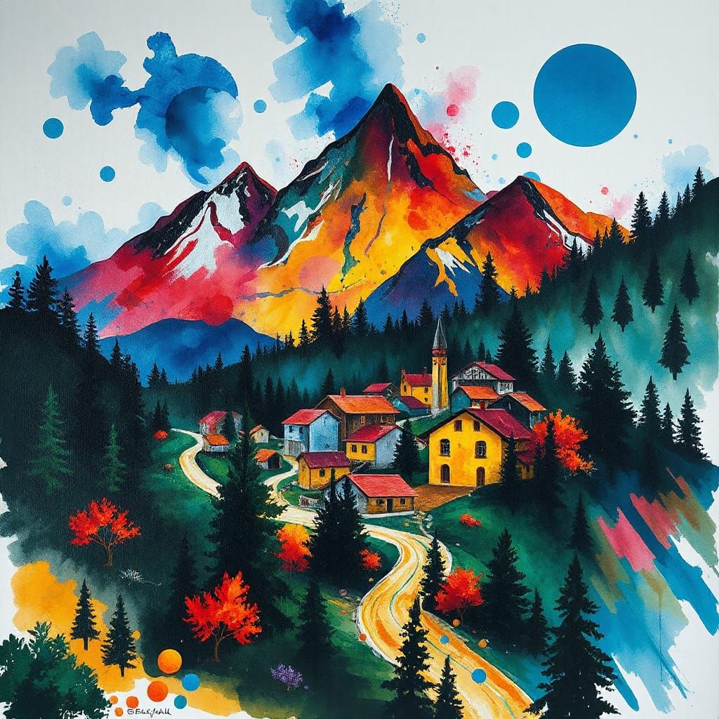 Mountain Village in Expressive Watercolour Style
