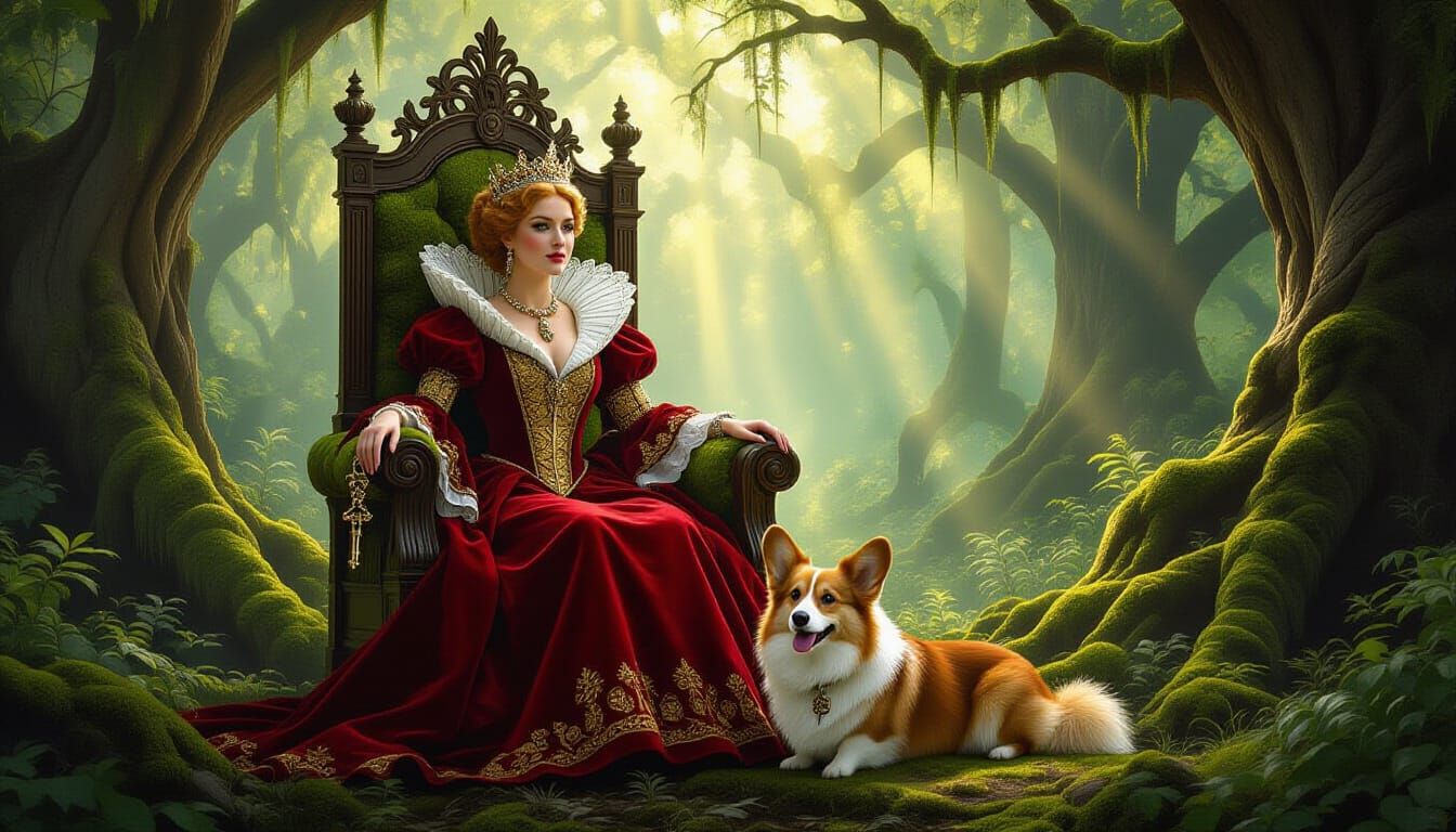 Regal Queen and Corgi in Enchanted Forest