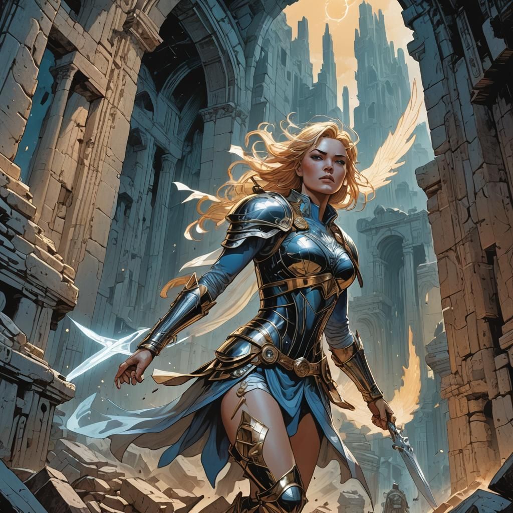 Valkyrie Over Battlefield in Comic Book Art Style