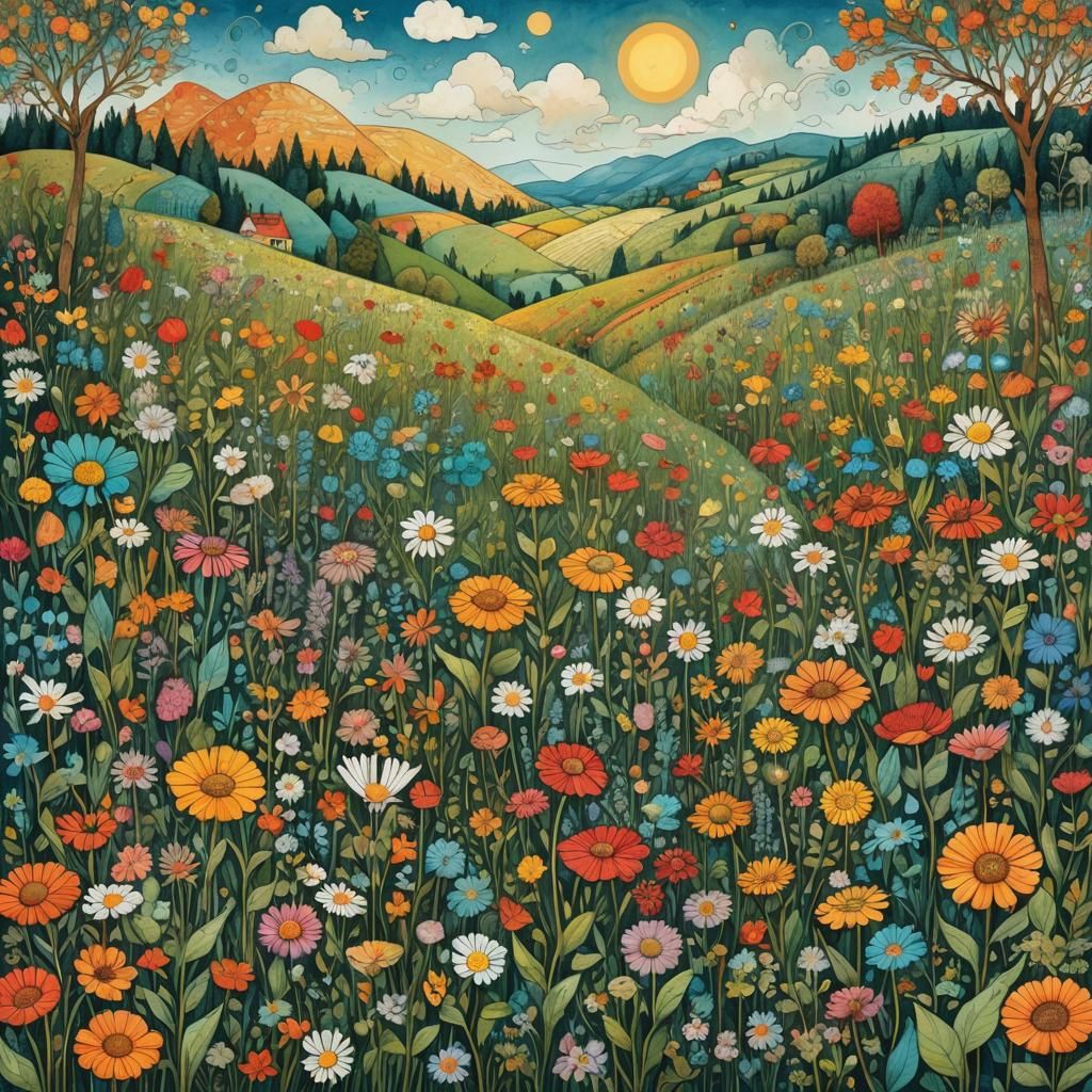 Floral Field Illustration with Zentangle Clouds