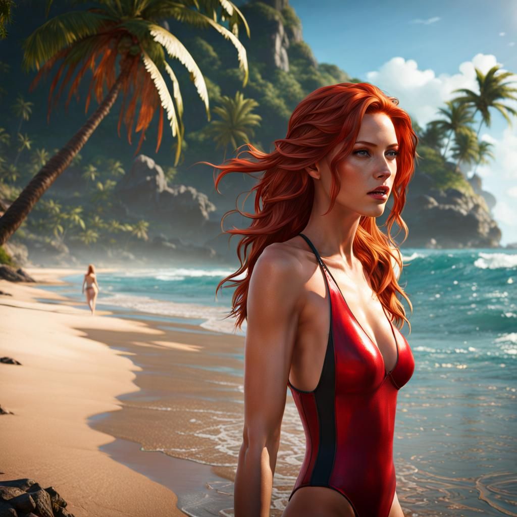 Beautiful Redhead Emerges from Tropical Sea