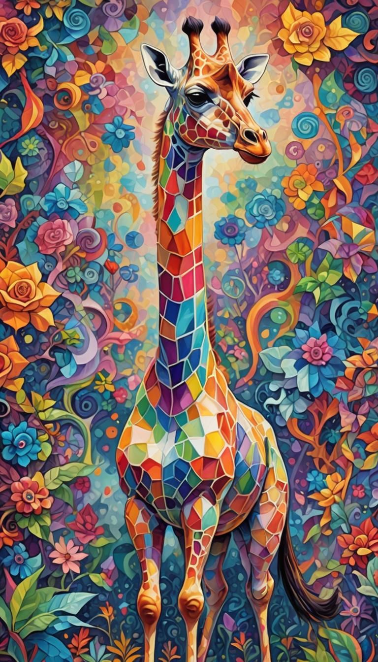Vibrant Cubism Giraffe Encounters Ethereal Dreamscape