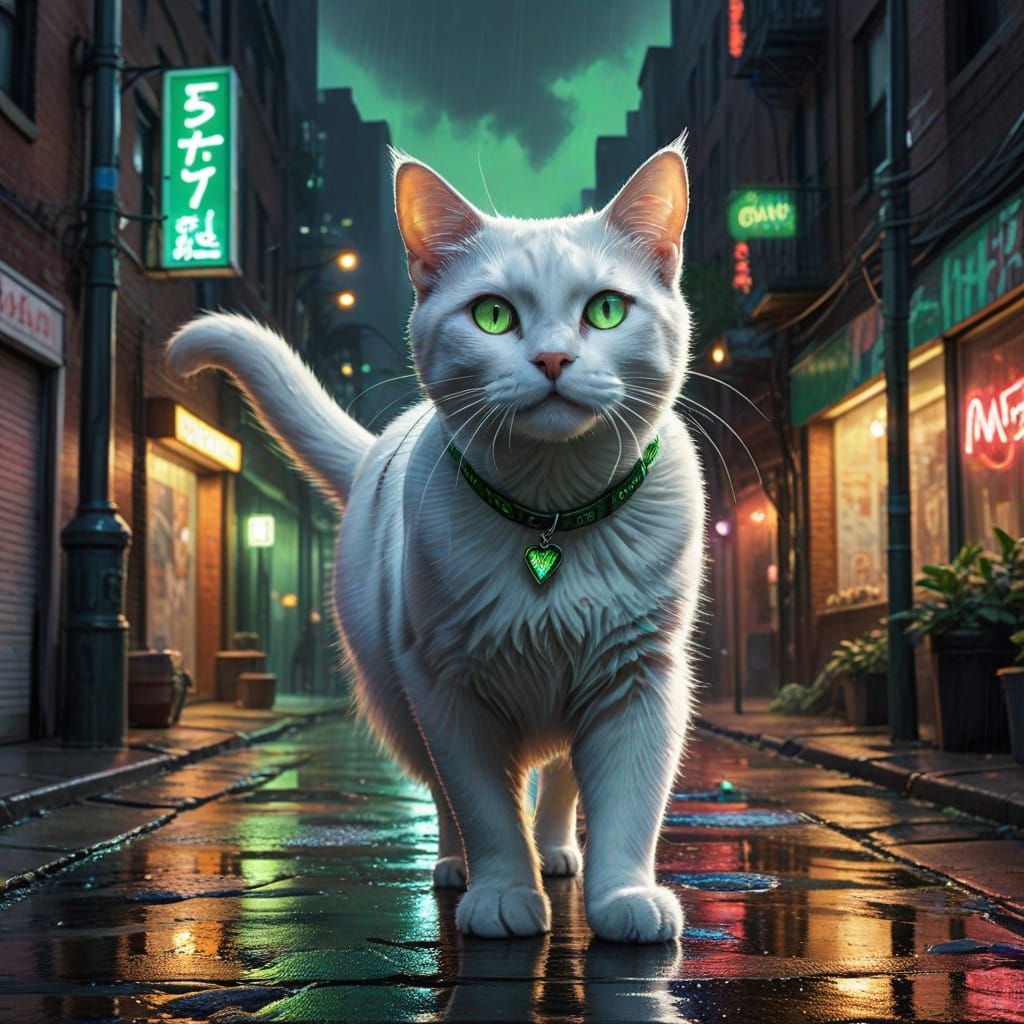 Sleek White Cat Prowls City Streets in Comic Book Style