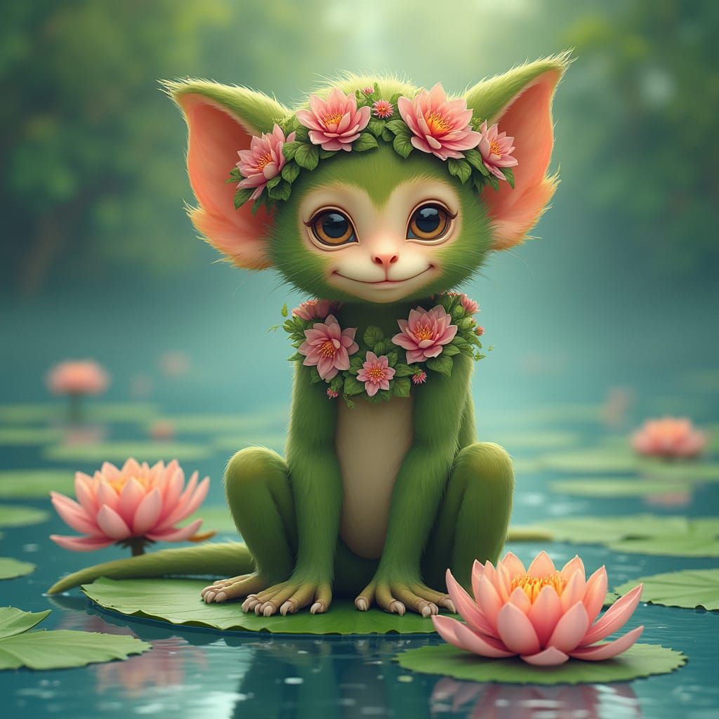 Whimsical Hybrid Creature Surrounded by Water Lilies
