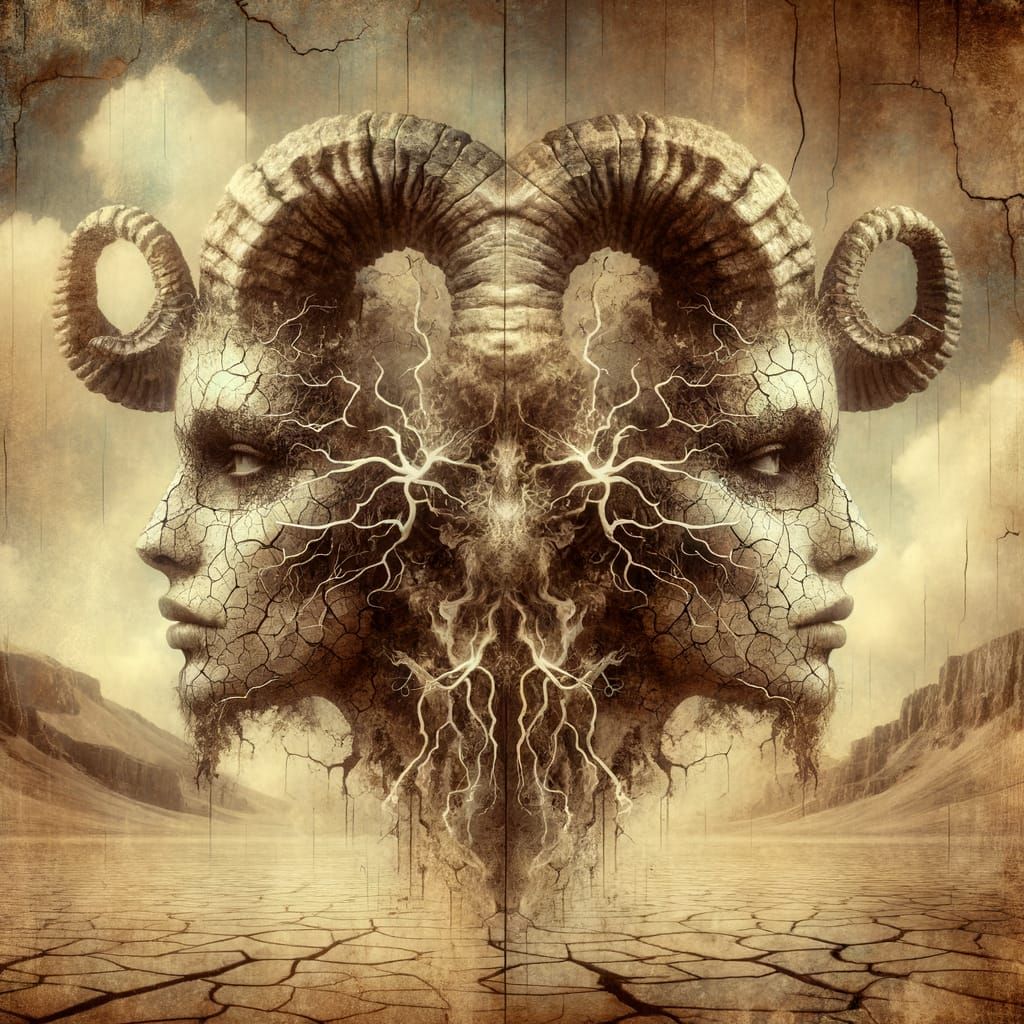 Surreal Cracked Gemini Portrait with Ram Horns in Sepia Dese...