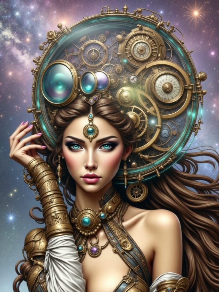 Surreal Steampunk Goddess in Cosmic Glass Bubble with Gears ...