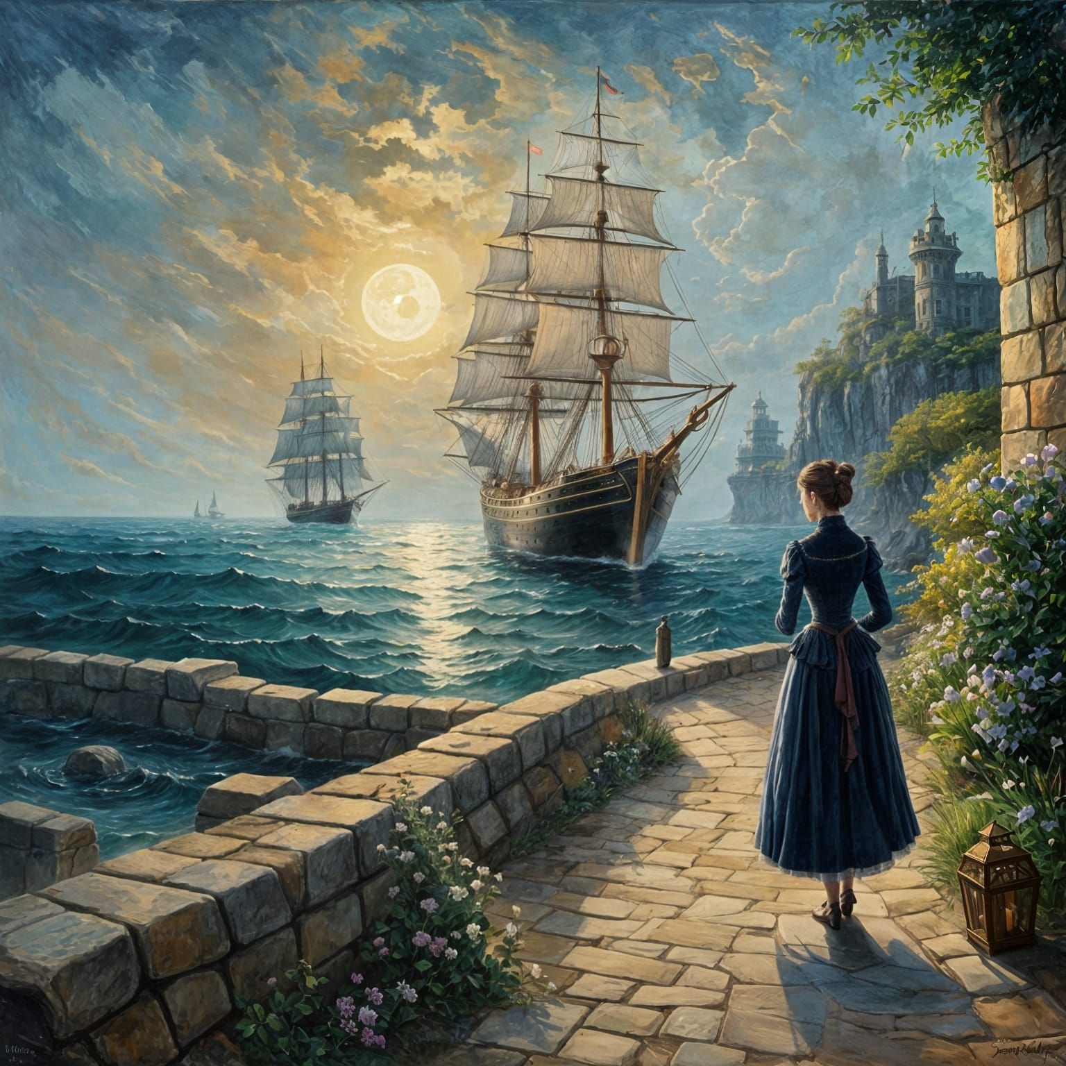 Victorian Woman Bids Farewell to Sailing Ship