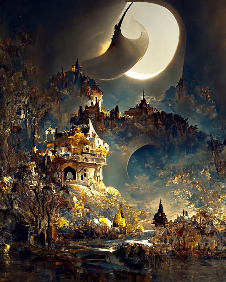 Golden Castle Under Crescent Moon in Hyperreal Style