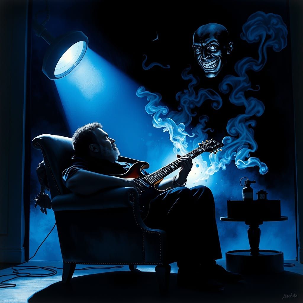 Fat Black Blues Guitarist in a Fume Dream