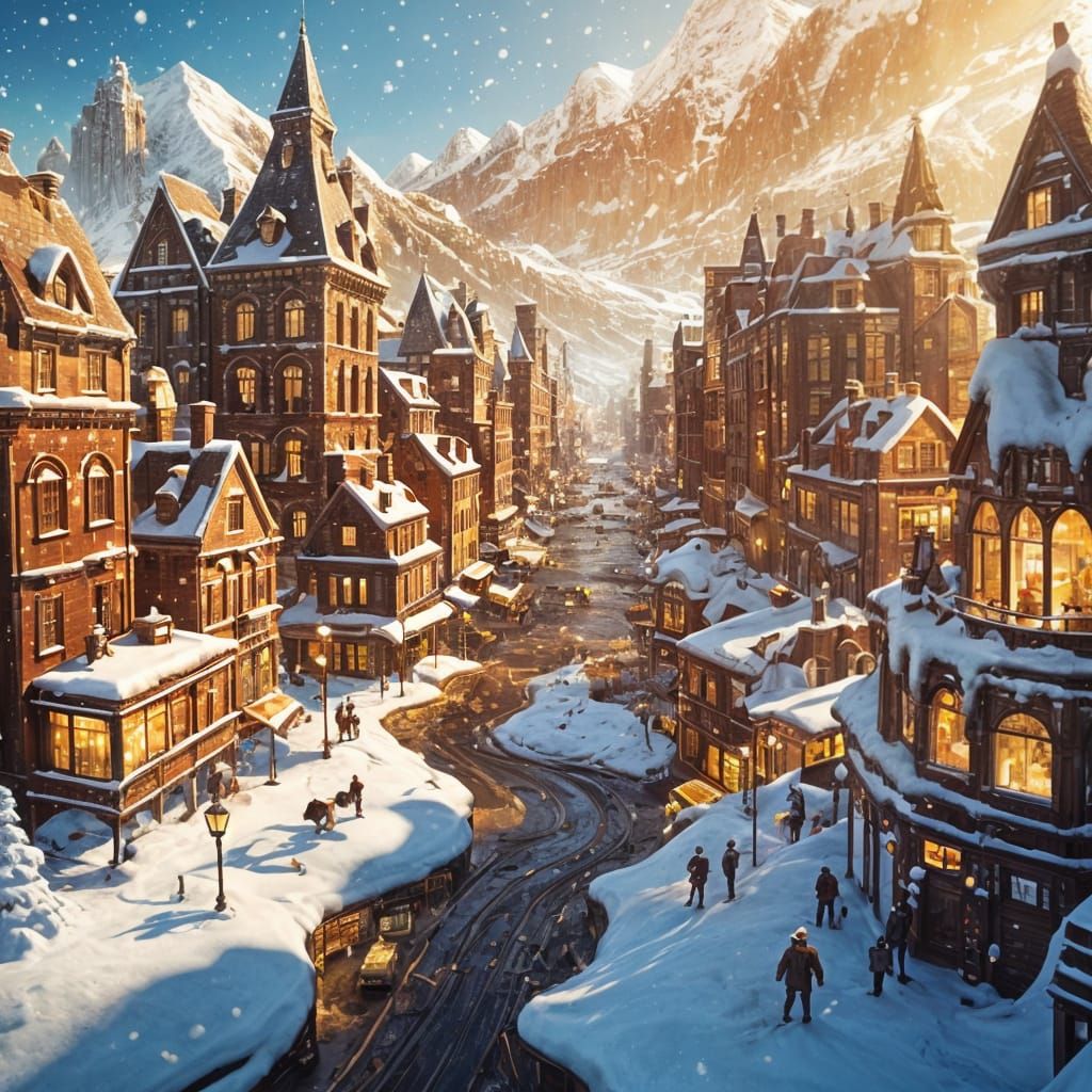 Surreal Chocolate Town Divided by Winter and Sun