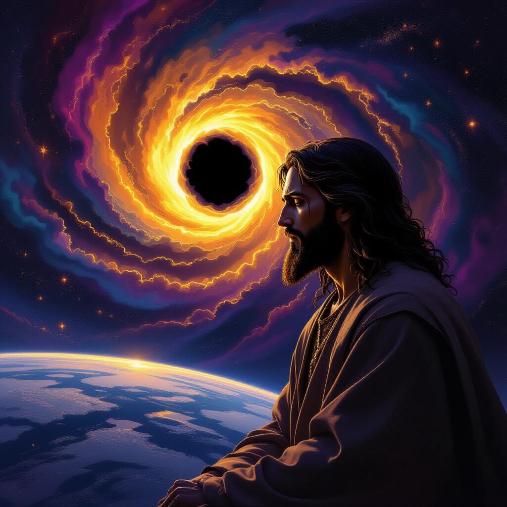 Jesus Christ Surveys Terrifying Galaxy with Black Hole
