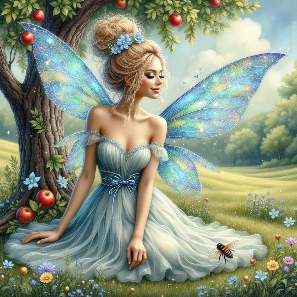 Delicate Pastel Fairy in Whimsical Fantasy Meadow