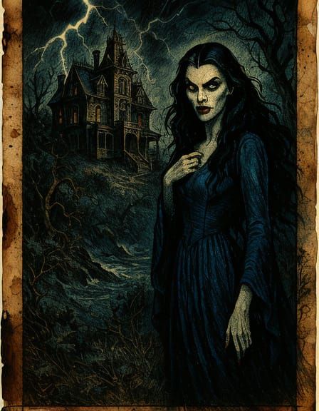 Gothic Vampire in Haunted Victorian Illustration