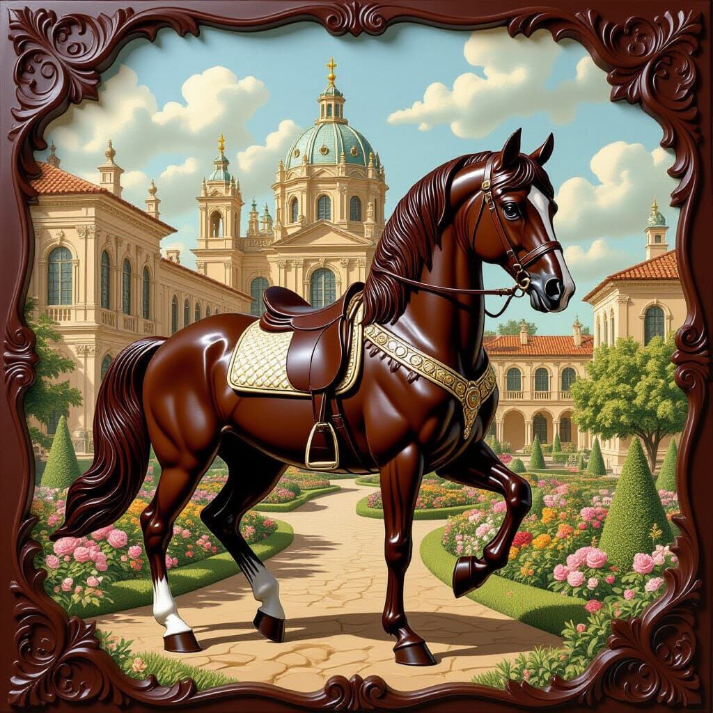 Chocolate Arabian Horse Sculpture in Baroque Setting