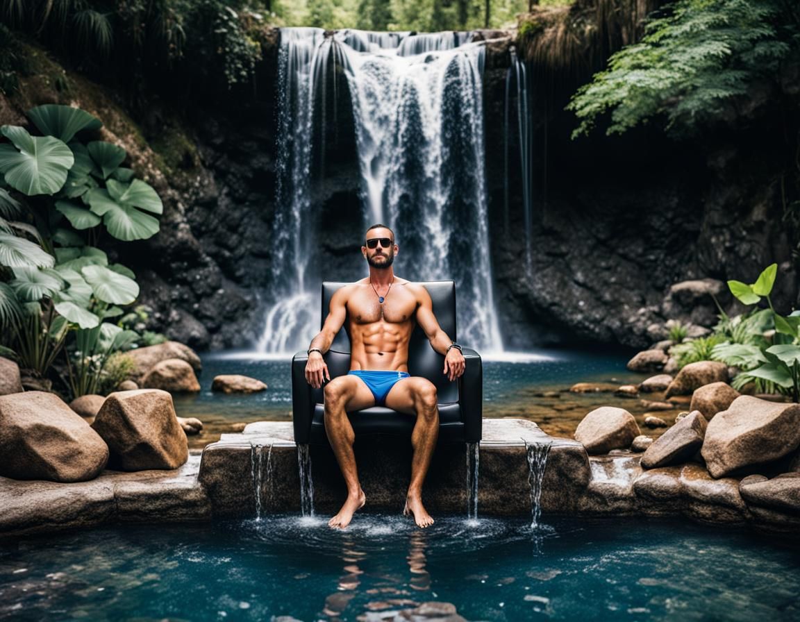 Brunette Man in Bikini on Throne Overlooking Watering Hole