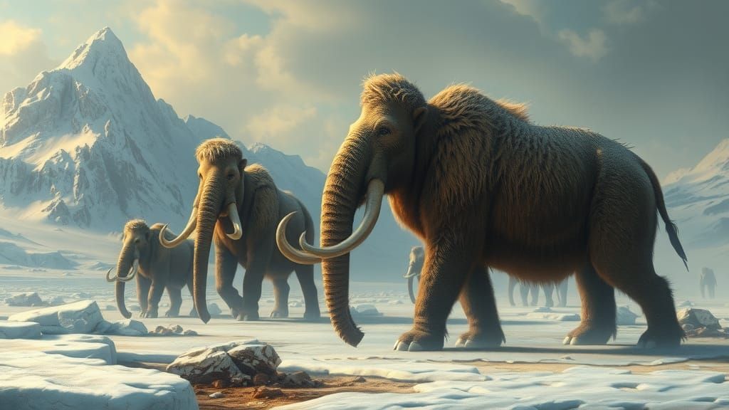 Woolly Mammoths in Ice Age Landscape, Matte Painting