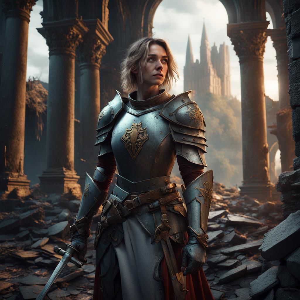 Sorrowful Knight in Ruins: Detailed Matte Painting