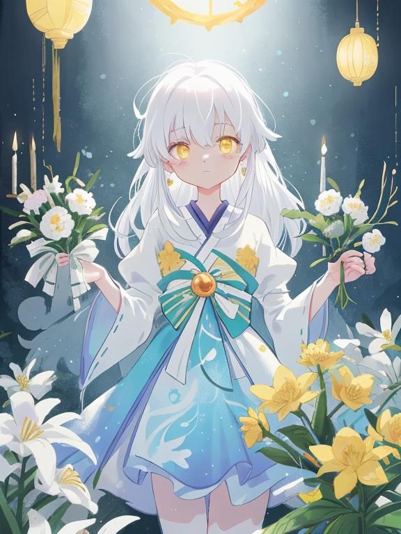 Cute Girl in Flower Shop, Anime Style