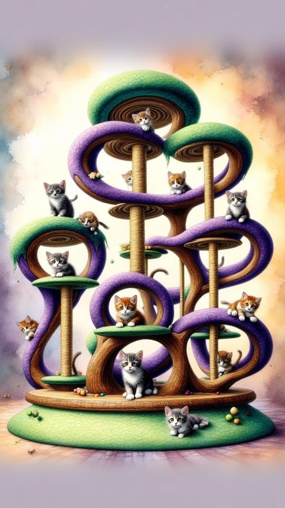 Whimsical Oil Painting of Majestic Cat Tower with Frolicking...