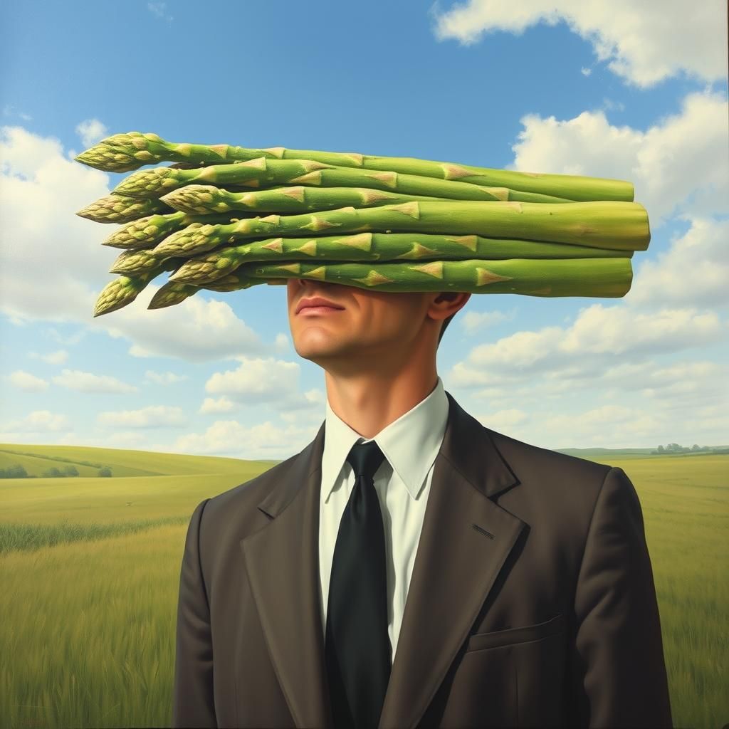 Surreal Asparagus-Headed Man in Suit Painting
