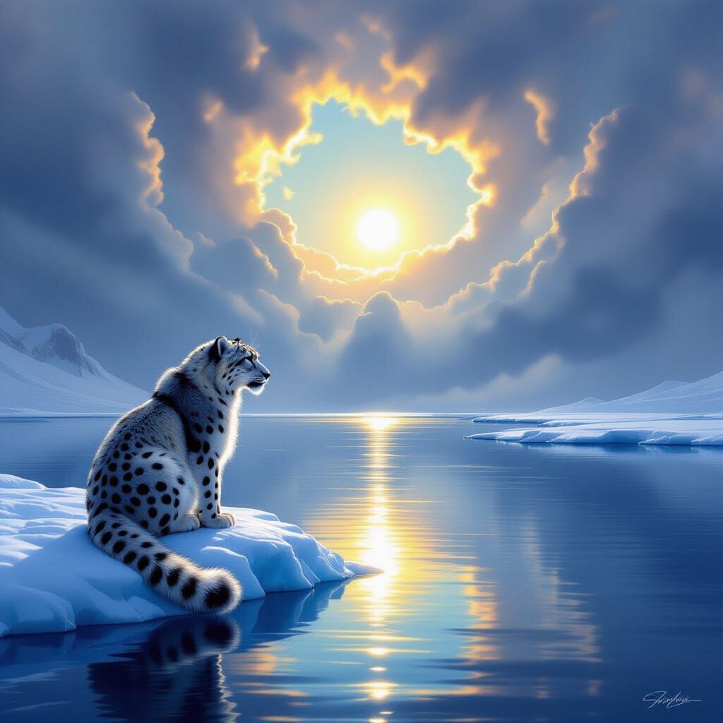 Snow Leopard Gazes at Sunlit Sky on Ice Floe
