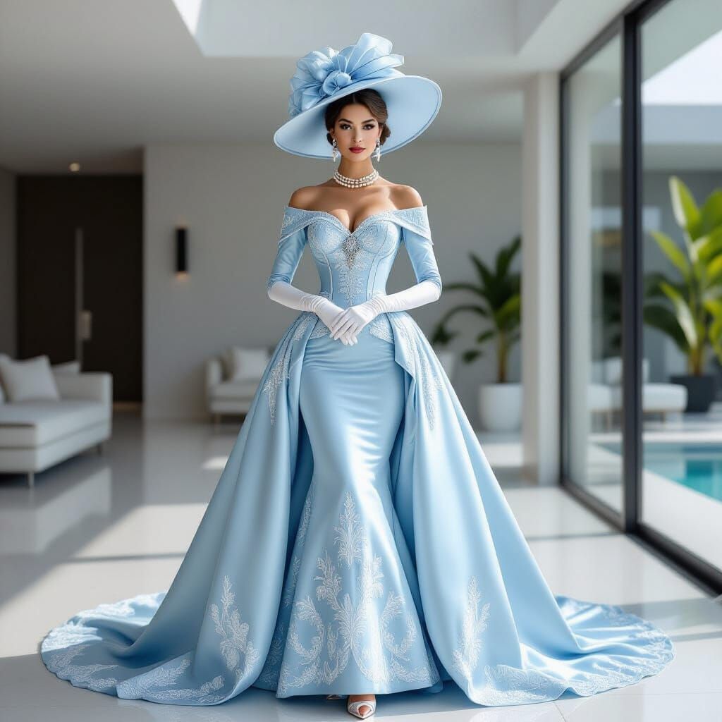 Elegant Woman in Blue Satin Dress, Ultrarealistic Style