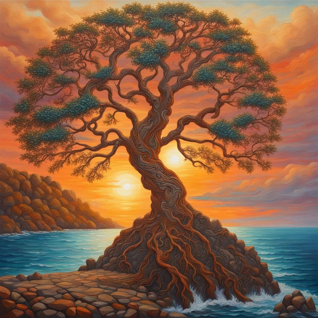 Tree of Life Oil Painting at Sunset