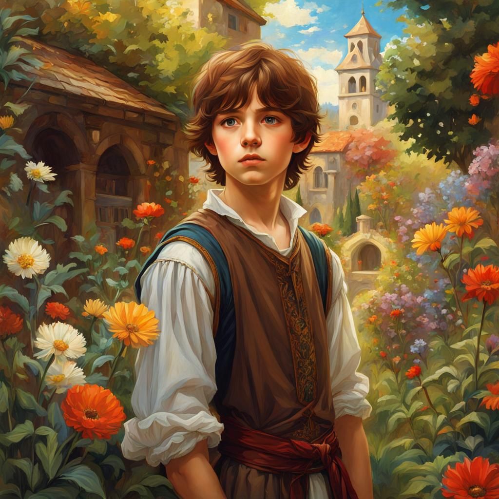 Surprised Boy in Garden: Pre-Raphaelite Anime Style
