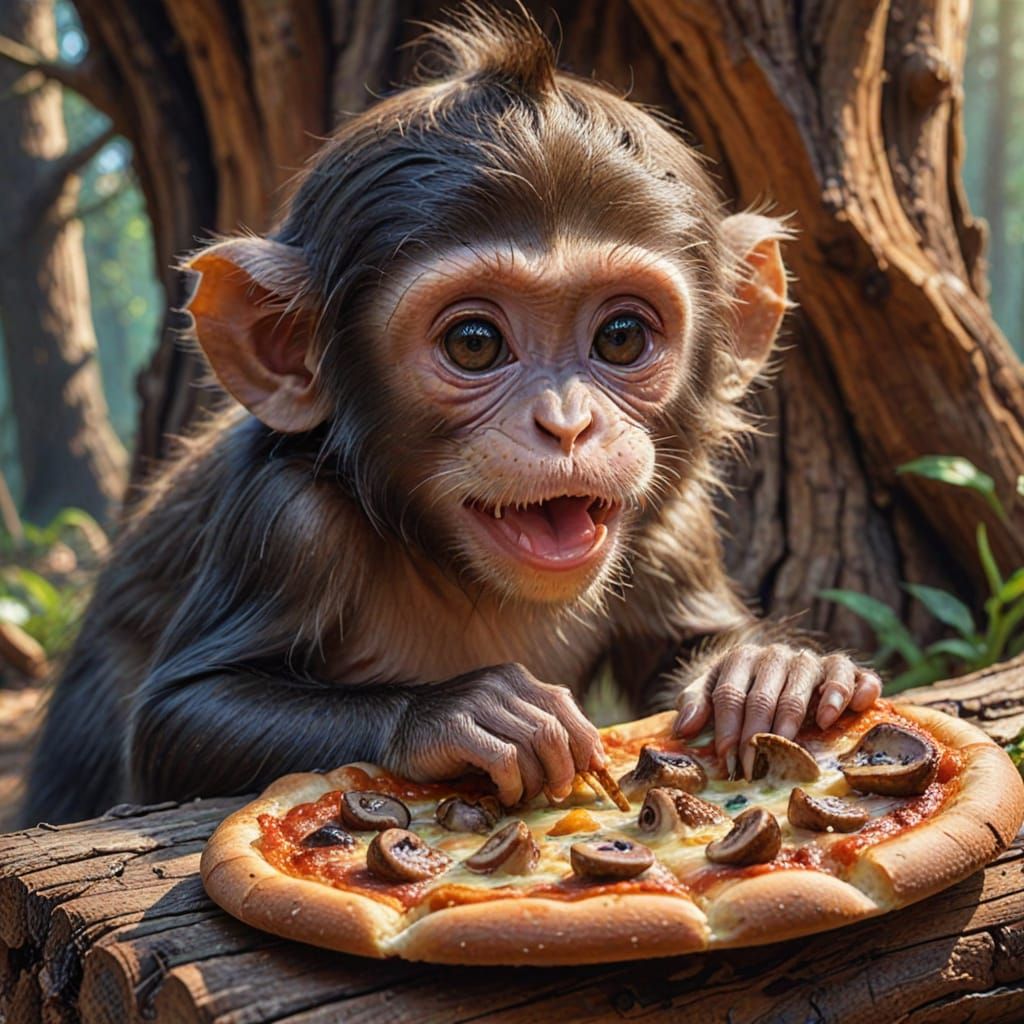 Baby monkey eating pizza