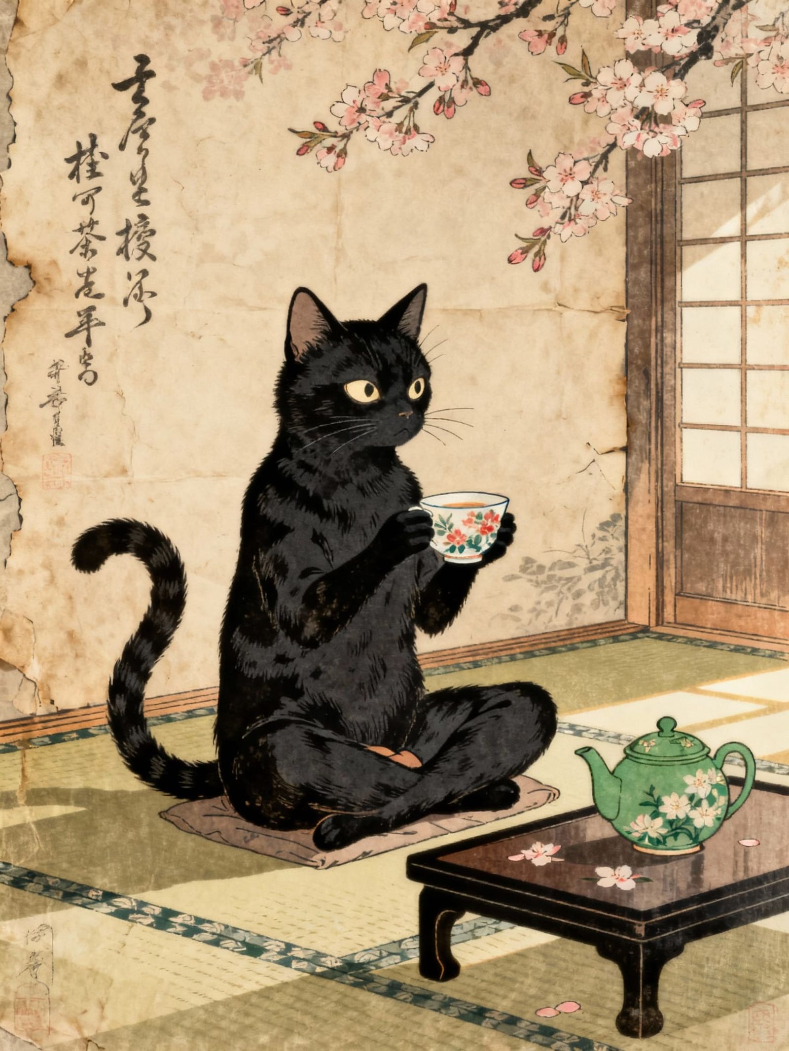 Meditative Cat Holding Floral Teacup in Japanese Tea Room