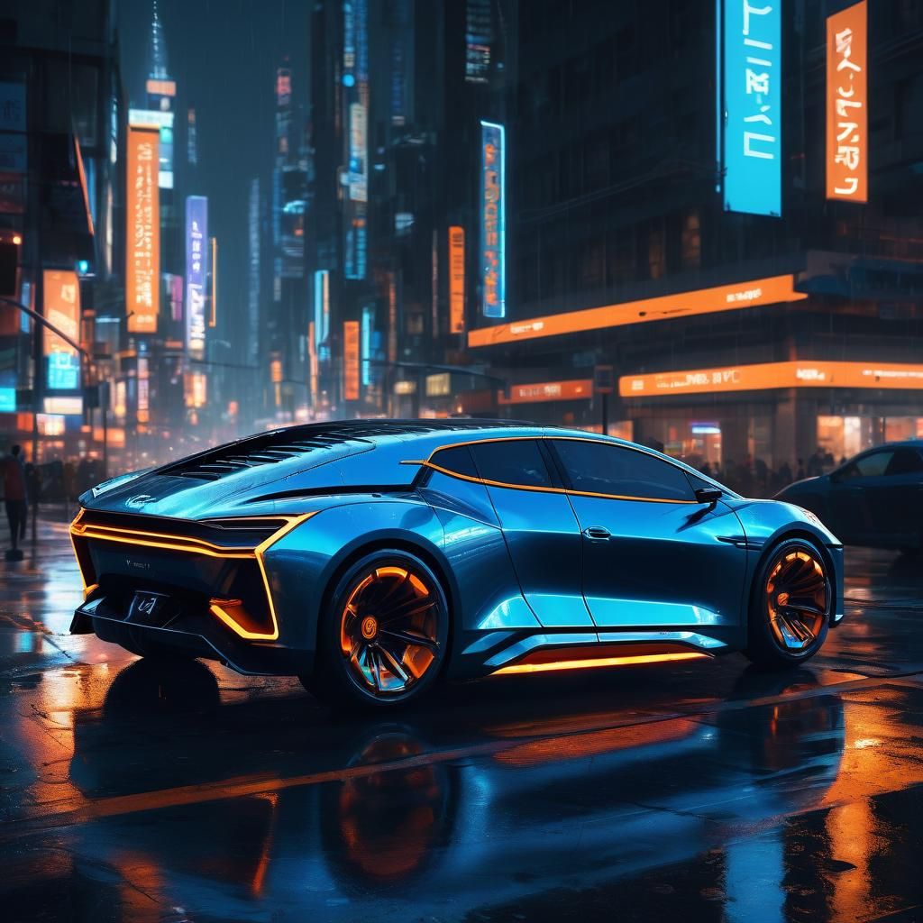 Futuristic Neon Car Speeding Through Rainy City