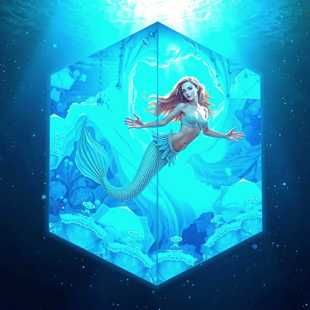 Surreal Cosmic Mermaid in a Blue Liquid Atmosphere