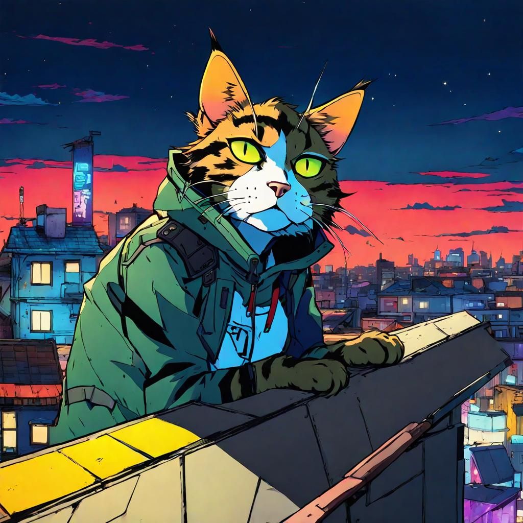Night Rooftop Cat: Digital Art in Anime Style