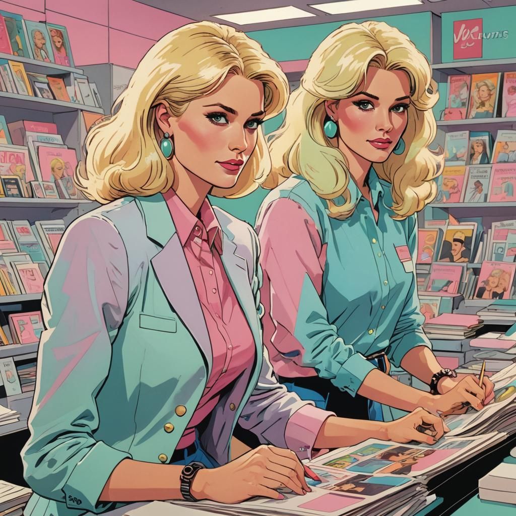 Vibrant 1980s Cartoon: Women at Magazine Company