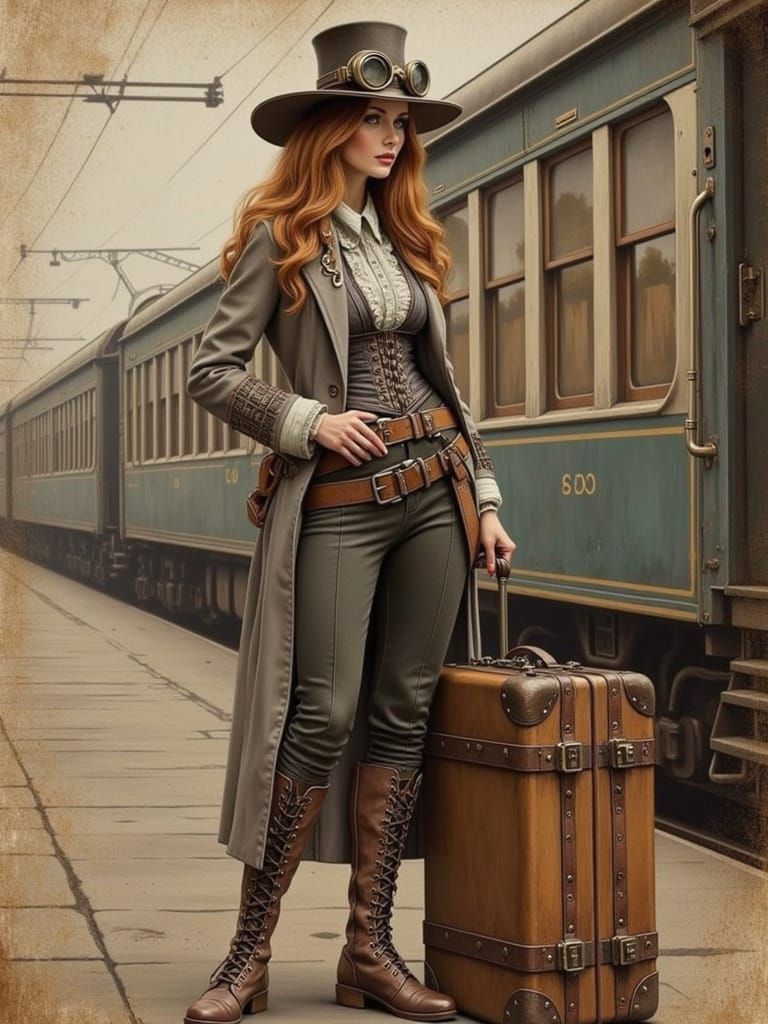 Steampunk Woman on Train Platform in Realistic Style