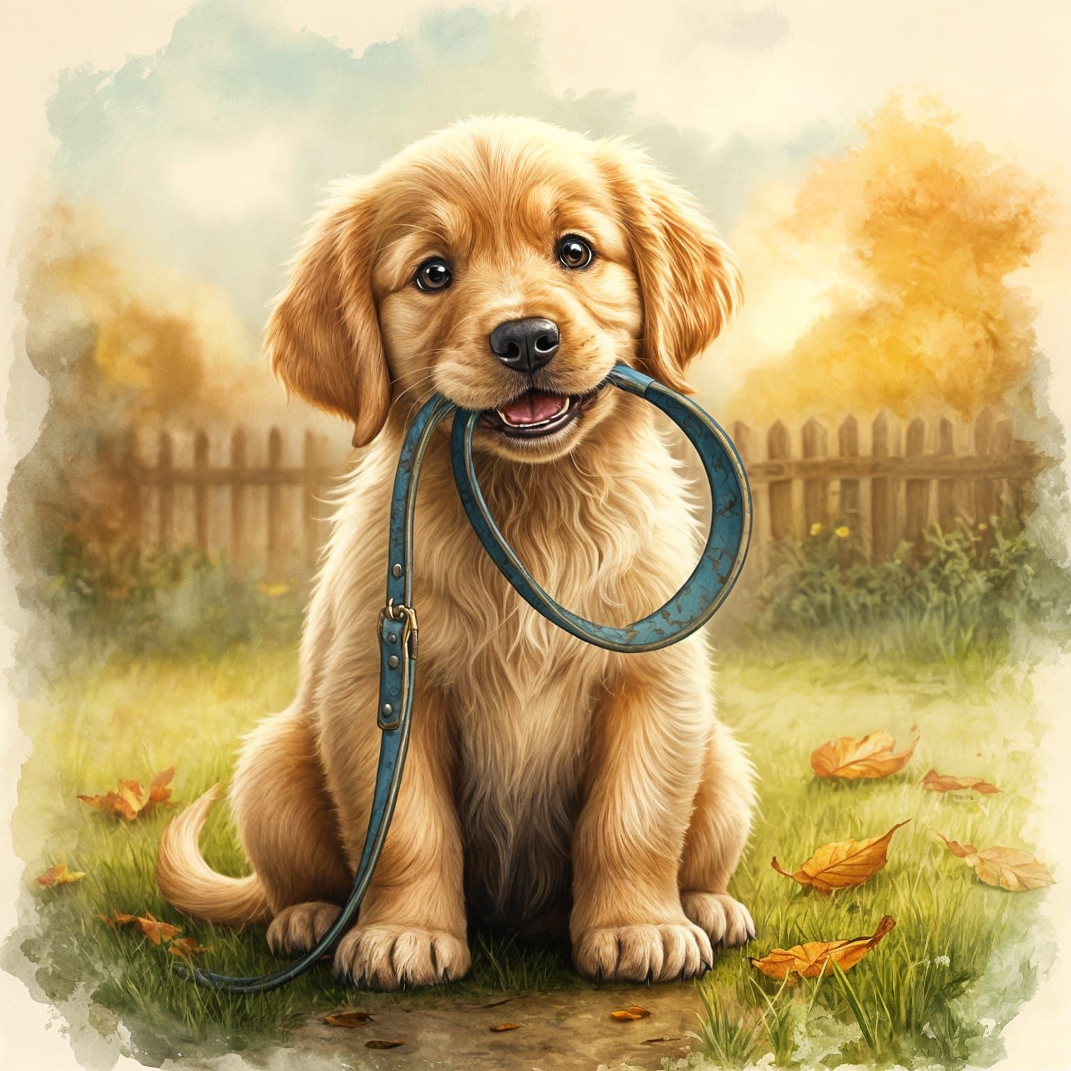 Golden Retriever Puppy with Leash, Watercolor Illustration