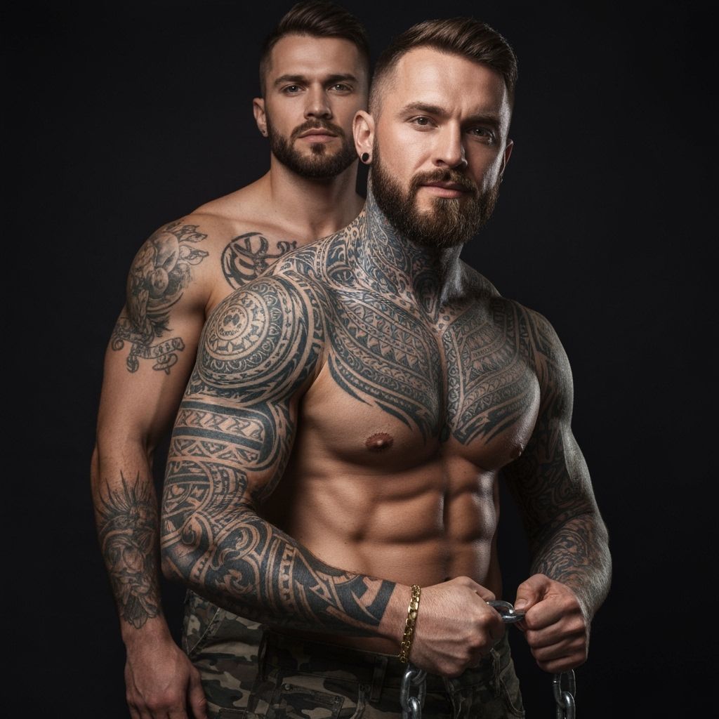 Athletic Men with Tribal Tattoos in Artistic Portrait