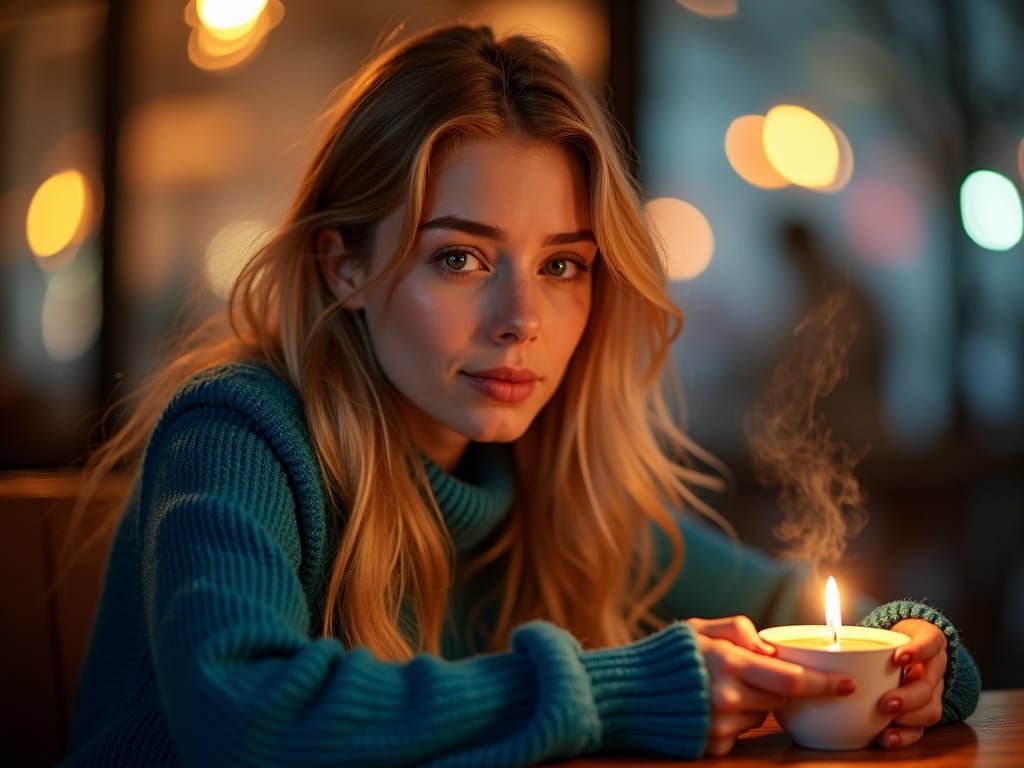 Young Woman in Cafe with Coffee, Cinematic Lighting