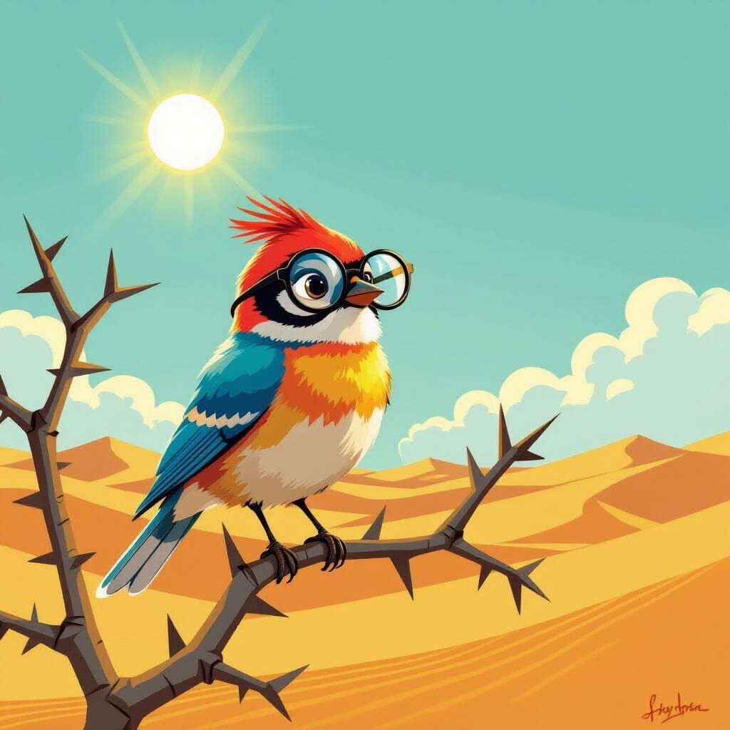 Whimsical Bird in Desert, Illustrative Style