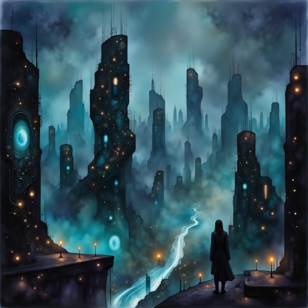 Cyberpunk Metropolis in Dark, Eerie Mist