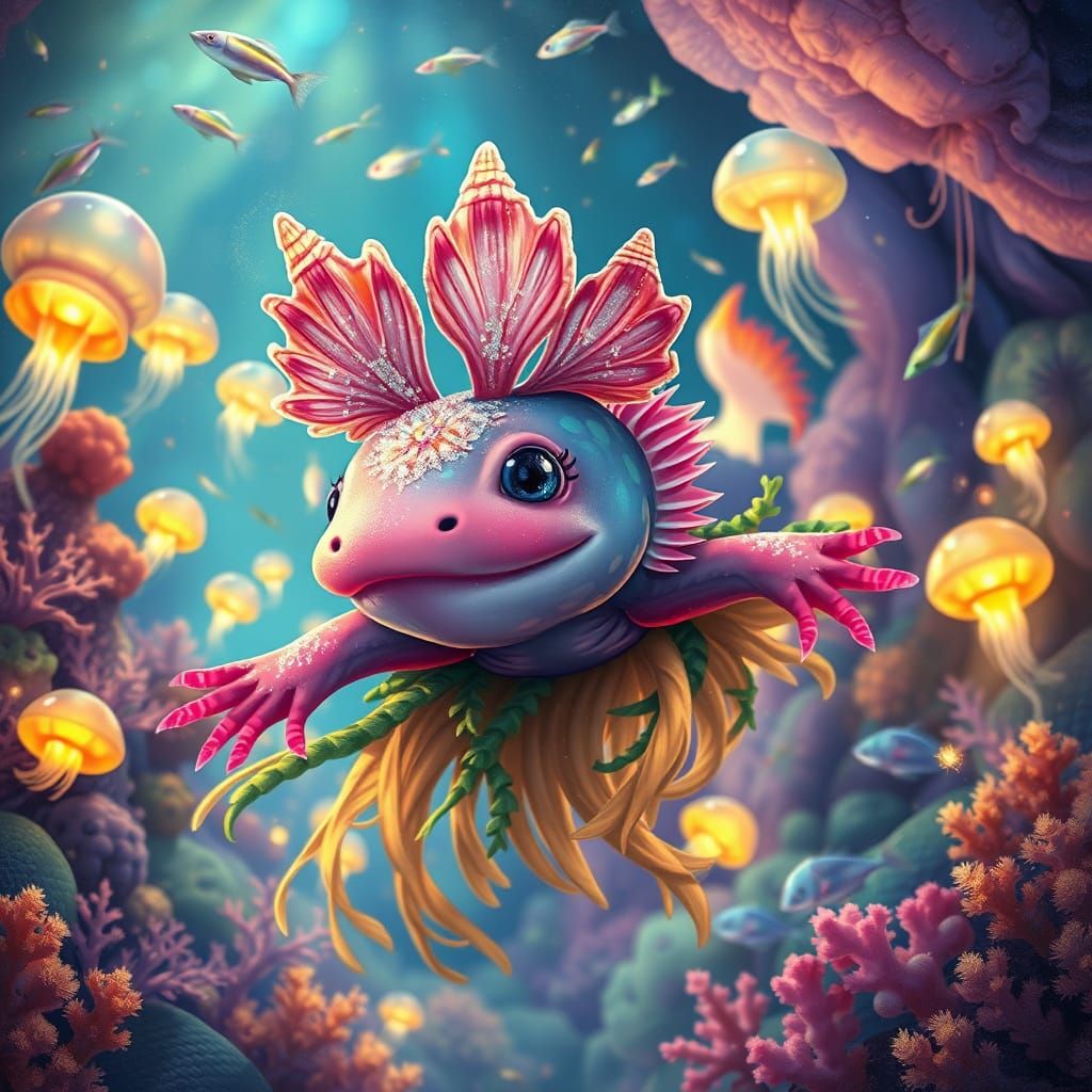 An axolotl exploring an underwater wonderland